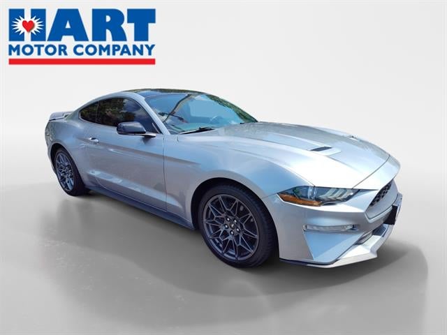 2021 Ford Mustang EcoBoost Premium in Iconic Silver — front three-quarter view