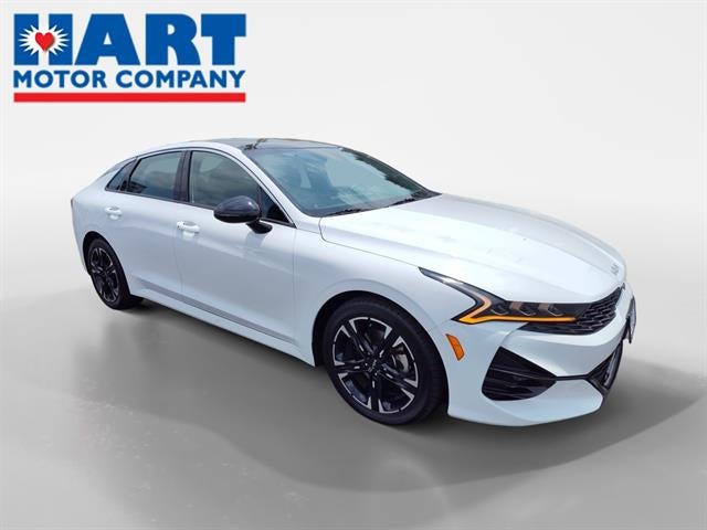 2023 Kia K5 GT-Line in Glacial White Pearl — front three-quarter view