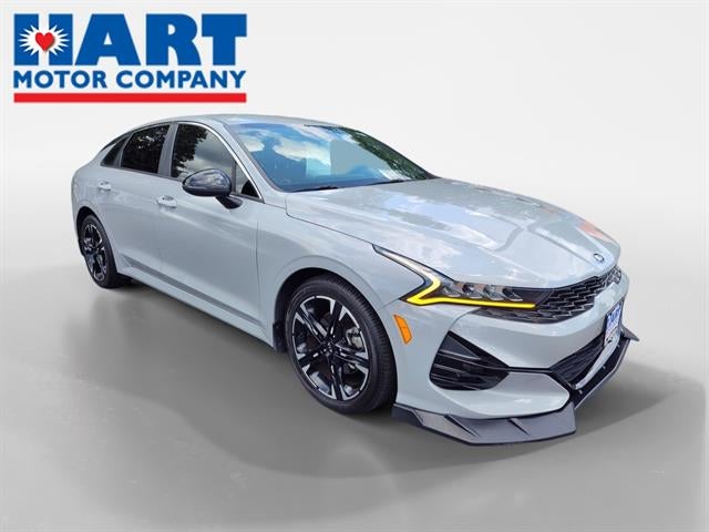 2021 Kia K5 GT-Line in Wolf Gray — front three-quarter view
