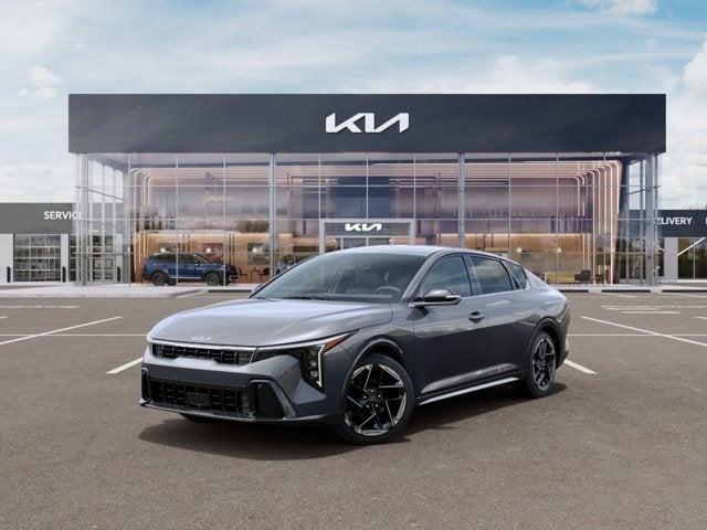 2026 Kia K4 GT-Line in Steel Gray — front three-quarter view